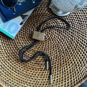 Vintage Tumbled Ornamental Orange Grey Rectangle Stone Handcrafted Bolo Tie